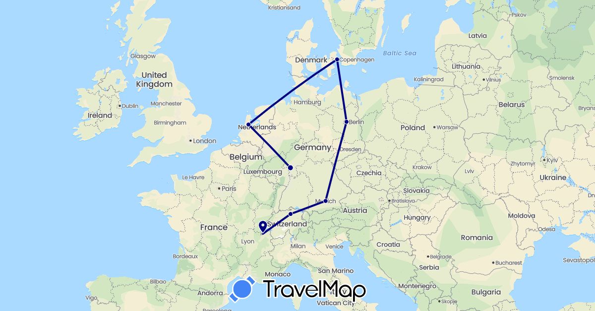TravelMap itinerary: driving in Switzerland, Germany, Denmark, Netherlands (Europe)
